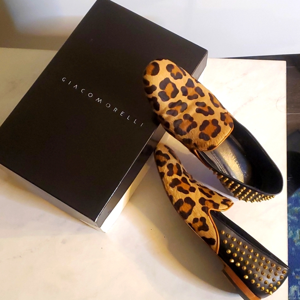 Giacomorelli Men's leopard pony hair, black leather gold spiked loafer IT 44